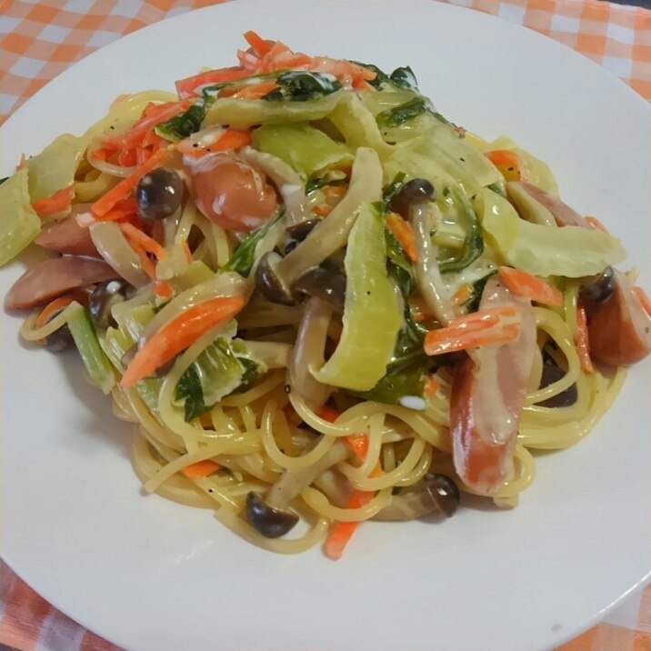 コンソキューブ1つ♪白菜ときのこのクリームパスタ☆
